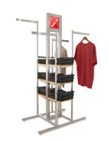 4-Way Display Clothing Display Rack with Four 16" Tubing Arms, Sign Frame - Silver 4 way cross merchandising unit for retail