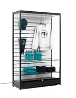 48" Slatwall Display Case w/ LED Top Lights, Sliding Door, Push-in Lock - Black Slatwall display case with LED top lights