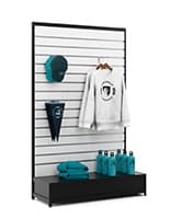 48" Slatwall Gondola Shelving with 15 Channels, and Floor Levelers - Black Slatwall gondola shelving unit with white backwall