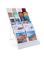 The white magazine rack features a sign holder for a custom advertisement. This white magazine rack has 6 rows