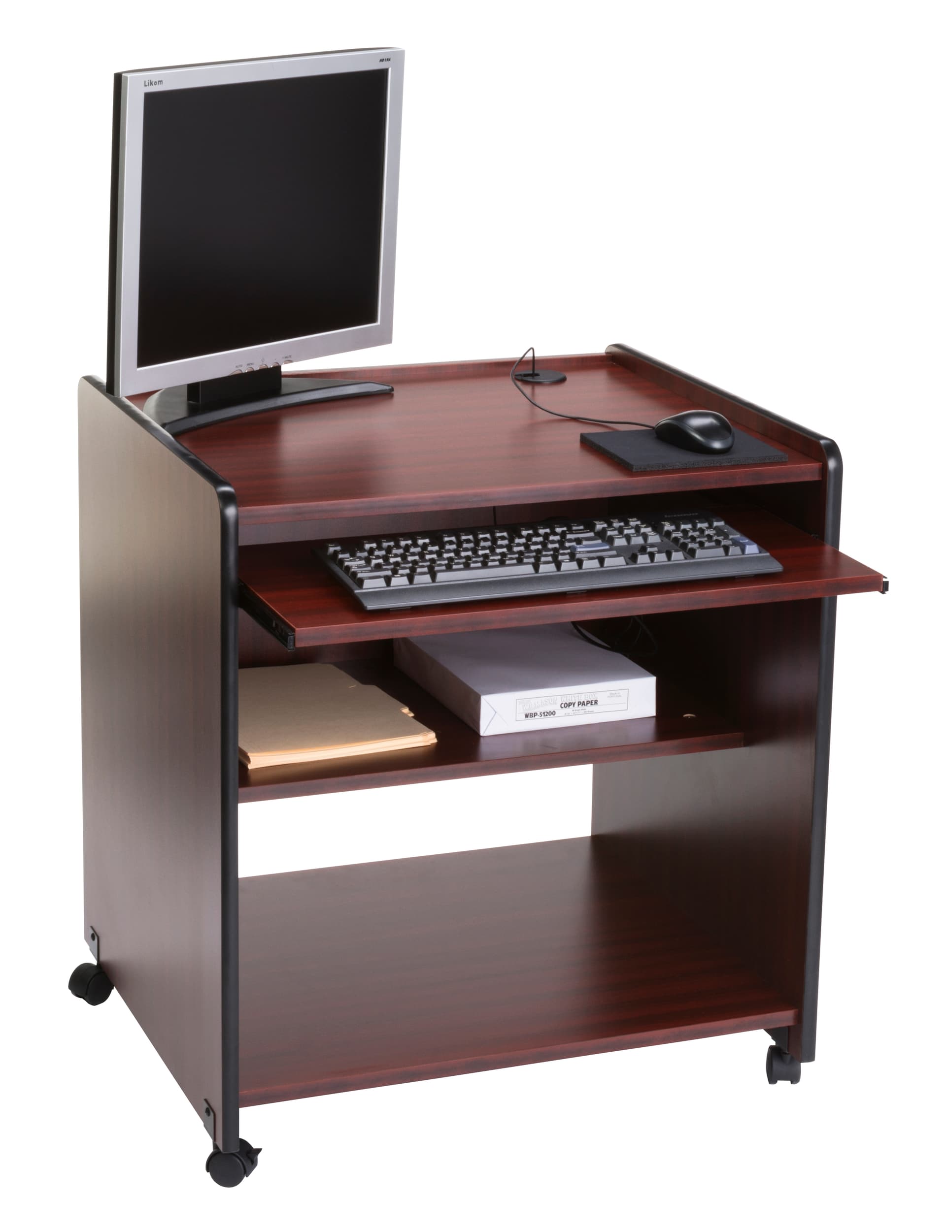 Organized Computer Cart Wood Computer Cart | Keyboard Tray & Shelf | Displays2Go