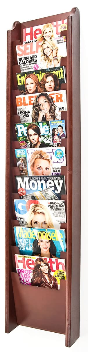 Red Magazine Racks (10) Pocket Cascading Magazine Rack | Red Mahogany Finish | Displays2Go