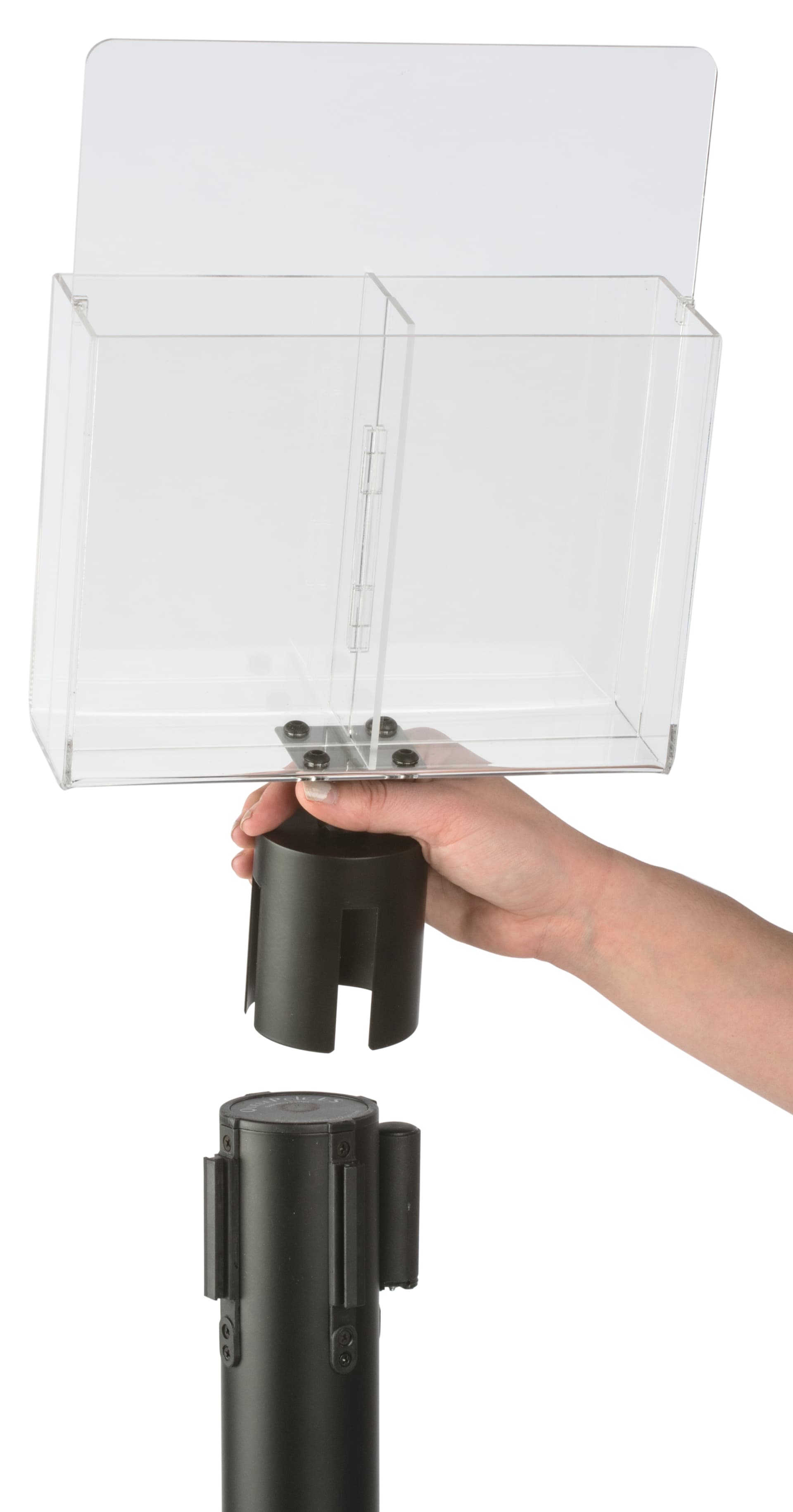 Library Post Hardware Black Stanchion & Post with Literature Holder | 2-4 Pockets | Displays2Go