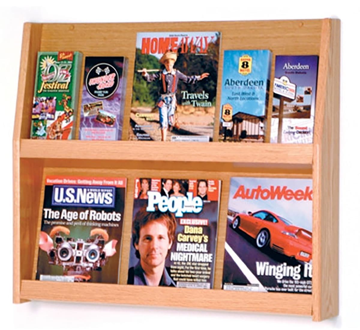 Magazine Rack Open 2 Shelf Magazine Rack | Light Finished Oak Wood Construction | Displays2Go